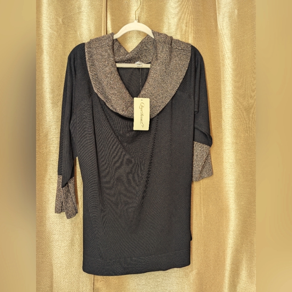 Black and Copper Cowl Neck Sweater 3/4 Sleeve 2" Ribbed Hem Great For An Evening